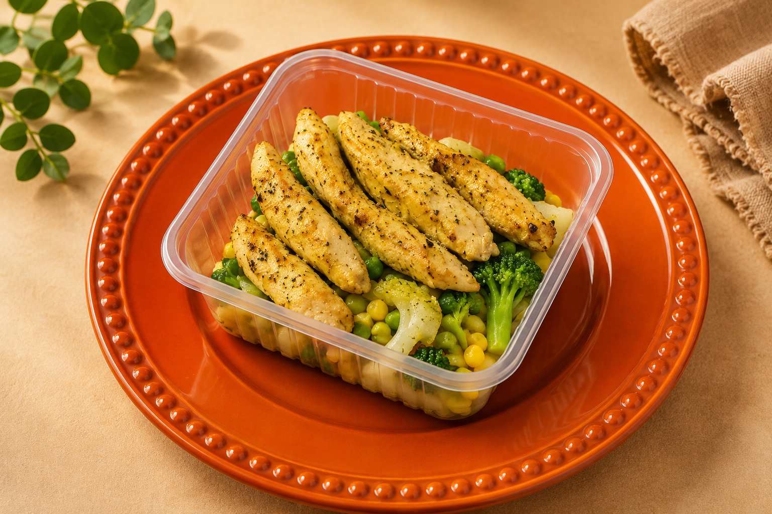 Marmita pronta com tiras de frango e legumes